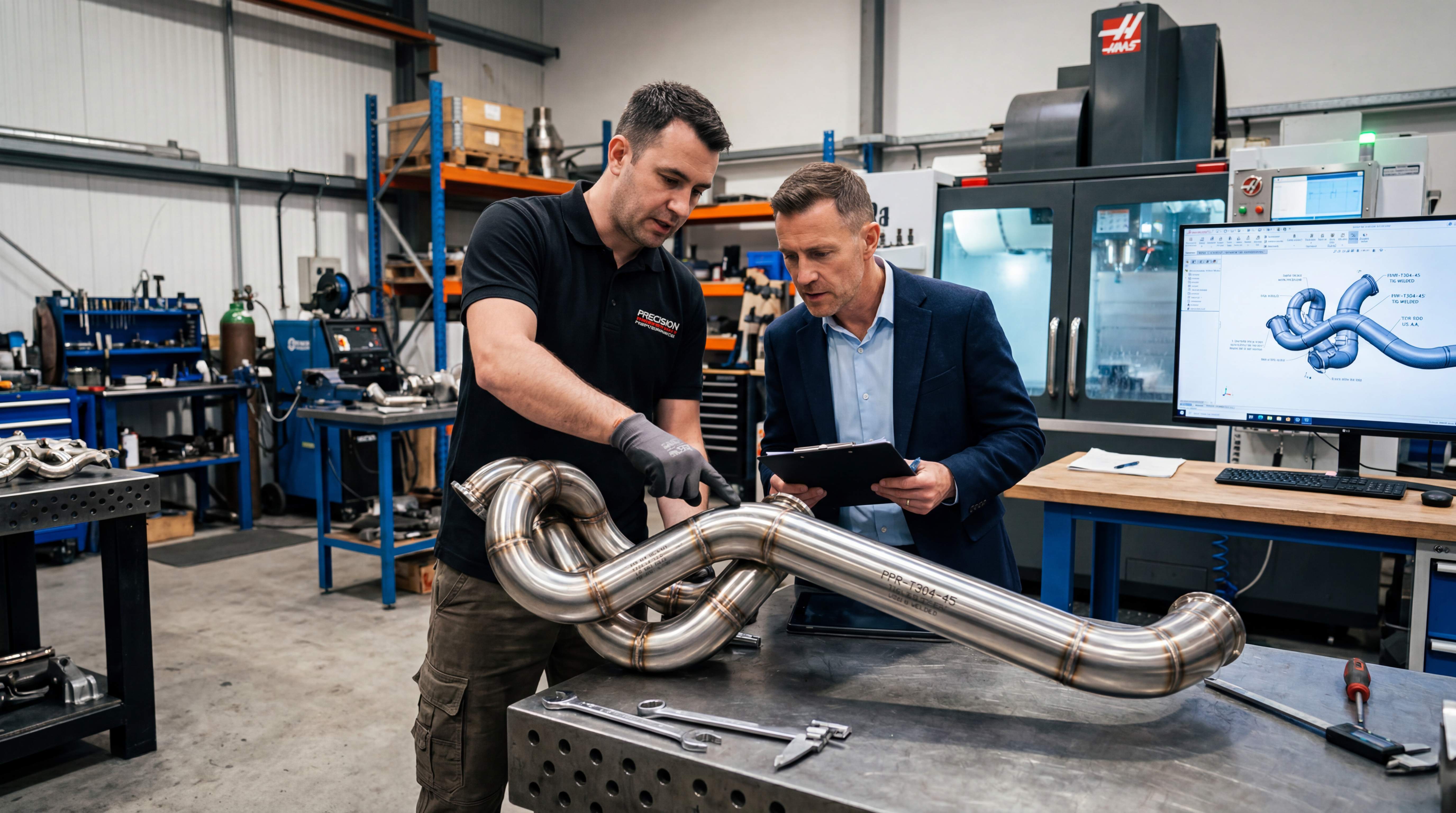Technicians inspecting a custom turbo piping assembly with CAD design on screen in a metal fabrication workshop